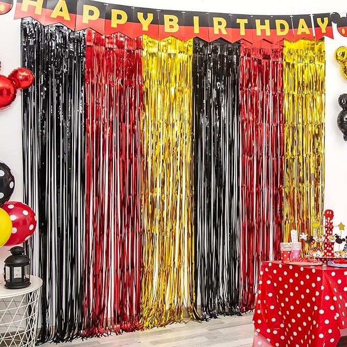 LOLStar 2 Pack Cartoon Mouse Birthday Party Supplies, 3.3x6.6 ft Black Red Gold Birthday Party Decorations Tinsel Foil Fringe Curtains Cute Mouse Photo Booth Props Metallic Backdrop Streamers for Boys
