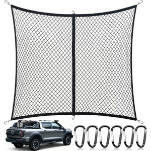 Cargo Net for Pickup Truck Bed, Highly Elastic Truck Bed Net, Suitable for Daily Light Loads of Trucks, 4'x4' Stretches to 7'x7', with 6 Metal Carabiners