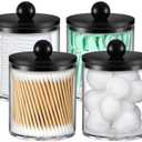 4 Pack Acrylic Qtip Holder Dispenser for Cotton Swabs, Balls, Pads, Floss - Plastic Canister Apothecary Jar Set, Bathroom Essentials Accessories Decor Vanity Makeup Storage Organizer - Clear & Black
