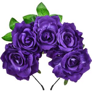 June Bloomy Day of the Dead Headpiece Halloween Costume Headpiece Mexican Floral Crown Rose Headband (Leaf Purple)