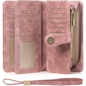 FALAN MULE Women Leather Wallet Large Capacity Bifold RFID Blocking Card Holder with Zipper Coin Pocket (BF-Rouge Pink)