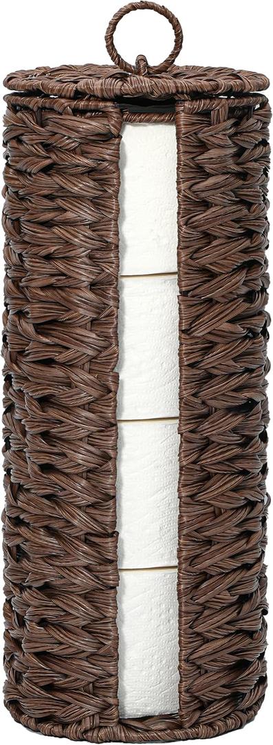 4 Mega Rolls Extra Toilet Paper Storage with Lid, Waterproof Plastic Wicker Toilet Paper Holder Basket Stand, Decorative Boho Covered Enclosed Toilet Tissue Organizer for Bathroom, Brown