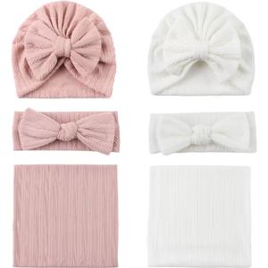 OMUKY Newborn Receiving Blanket Bow Headband and Beanie Set Baby Swaddle Receiving Blankets Baby Boy Girls Nursery Swaddle Wrap(White+Pink)