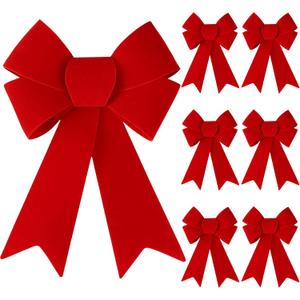 Sggvecsy 6 Pcs Christmas Red Bow 12 x 9 Inches Wreath Bows Christmas Velvet Bows Large Xmas Tree Decorations PVC Hanging Ornaments Handmade Crafts for Home Indoor Outdoor Fence Stairs Railing Party