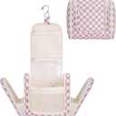 Narwey Hanging Toiletry Bag for Women Travel Makeup Bag Organizer Toiletries Bag for Cosmetics Essentials Accessories (ZA-Dusty Pink Checkerboard)