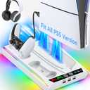 Rysker PS5/Slim/Pro Cooling Station with Quiet Cooling Fan and Fast Controller Charger for Disc & Digital Console, PS5 Accessories Incl. 3 USB Ports, Screw and Headset (Deep White)