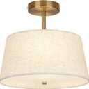 Cone-Shaped Semi Flush Mount Modern Ceiling Light Fixture, 3-Light Drum Lamp with Gold Brass Finish and Beige Fabric Shade for Bedroom, Kitchen, Dining Room, Hallway, Entryway, and Foyer