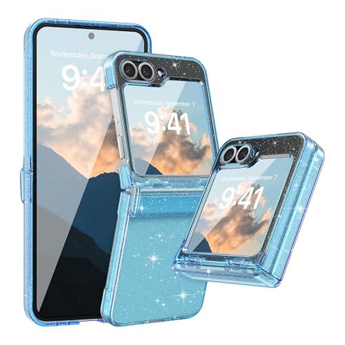 FABSPARK Case for Samsung Galaxy Z Flip 5 Built-in Screen Protector,Hinge Protection,Sparkly Bling Glitter Crystal Clear Transparent Slim Fit Acrylic Hard PC for Samsung Z Flip 5 Case,Glitter Blue