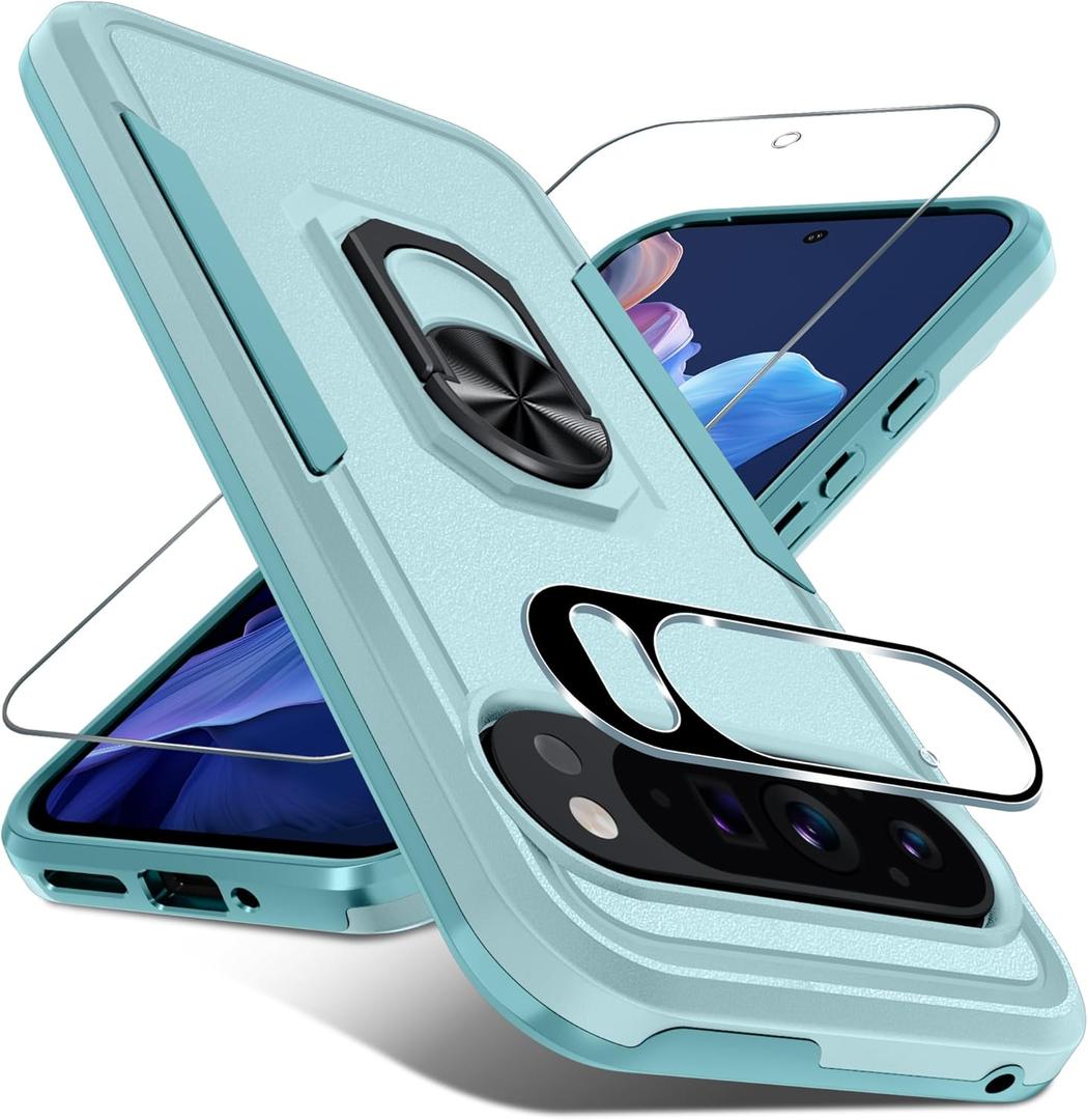 Janmitta for Google Pixel 9/9 Pro Case with Screen Protector+Camera Lens Protector,Heavy Duty Shockproof Full Body Phone Cover Built in Metal Ring Holder Kickstand,2024 Mint Green