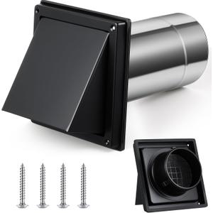 Gisafai 4" Outside Dryer Vent Cover for Exterior Walls Exhaust Vent Cap with Removable Extension Pipe Stainless Steel Hood Cushioned Non Return Flap with Sealing Gasket Grille Screen (Black)