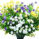 WILLBOND 12 Bundles Artificial Flowers Outdoor, UV Resistant Faux Artificial Plants Shrubs Plastic Flower Bulk for Hanging Planter Porch Window Home Spring Summer Decor(Yellow, Purple, White)