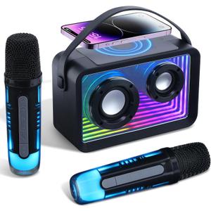Mini Karaoke Machine for Kids Adults, Portable Bluetooth Speaker with 2 Wireless Microphones & Wireless Charger, Toys with Lights Gift for Kids