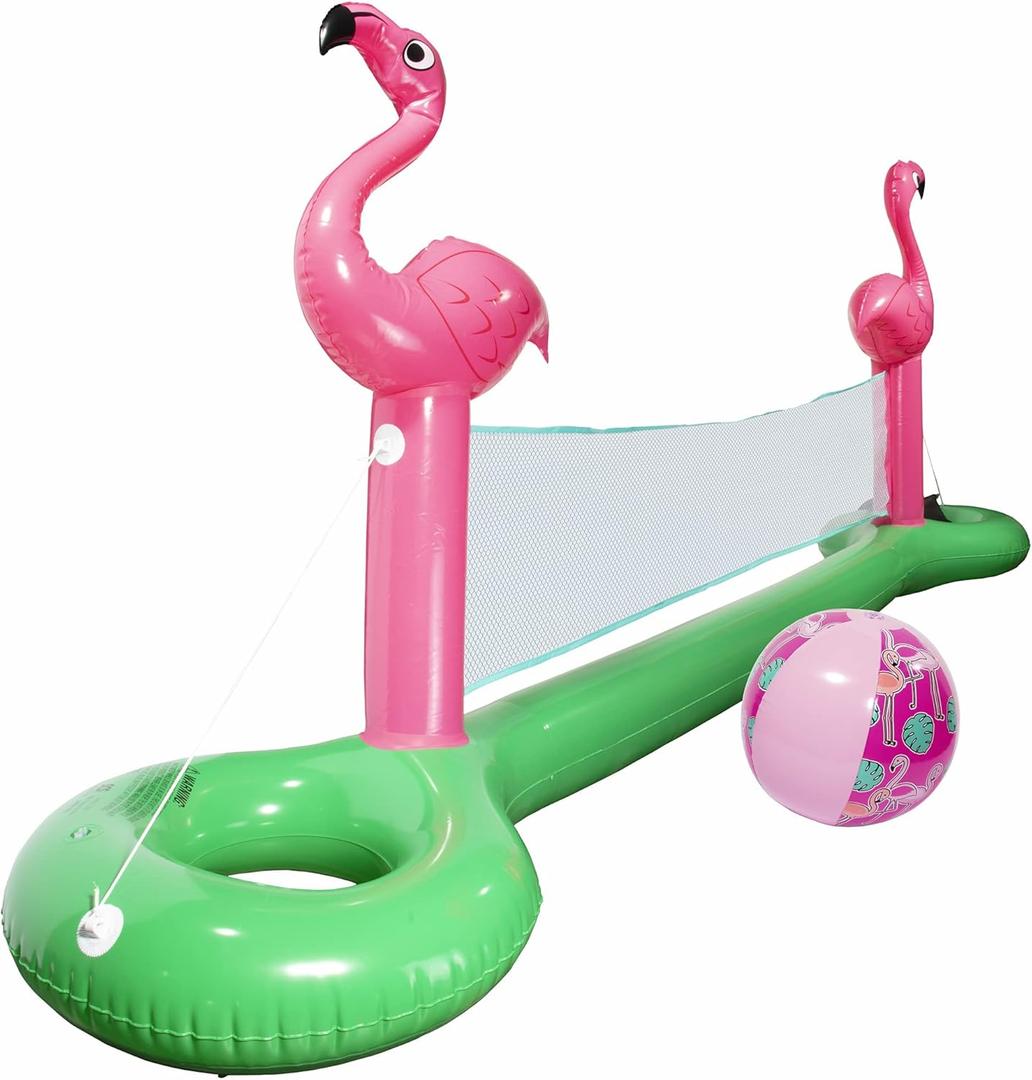 Giant Inflatable Flamingo Volleyball Net Set w/Ball - 12 ft Long, Durable PVC Material - Perfect for Outdoor Backyard Swimming Pool Parties w/Family Friends Kids- Fun Summer Water Float, Gift