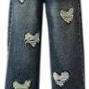 Girls Wide Leg Jeans Denim Elastic Wasit Baggy Ripped Distressed Pants (13-14 Years)