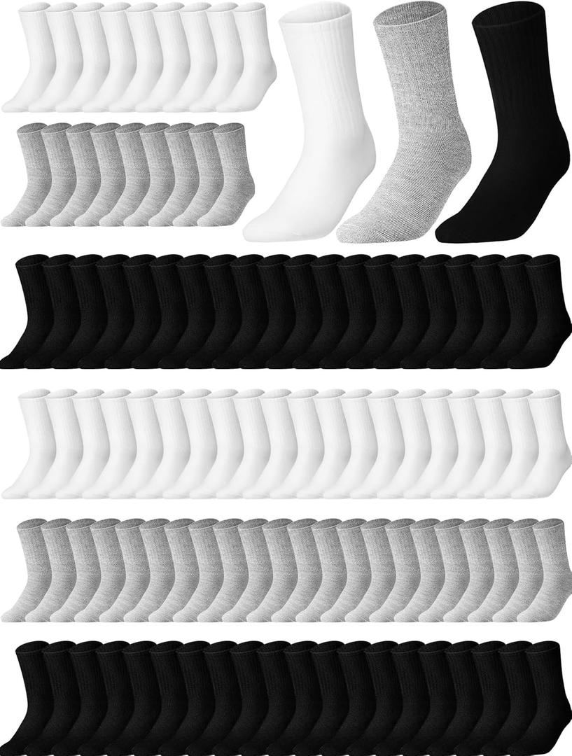 120 Pairs Solid Color Sock Bulk Cotton Crew Sock for Men Women Athletic Casual for Homeless Adult (One Size, Black, White, Gray)