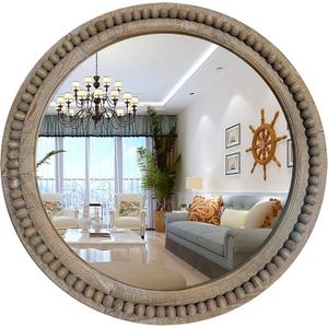 Rustic Round Wall Mirror, 24 Inch Wood Circle Mirror with Beads, Decorative Farmhouse Mirror for Living Room, Bedroom, Kitchen, Entryway (Natural)