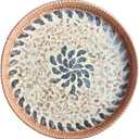 Terrekraft 14" Large Rattan Serving Tray with Mother of Pearl, Round Coffee Table Tray Decor, Boho Decorative Hand-Woven Wicker Home Decor (Lucky Flower)