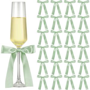 Jingmore Sage Green 24 Pack Bows for Champagne Glasses Candle Holder 6.7 x 4 Inch Bow Drink Tags Wine Glass Candlestick Ribbon Self Adhesive Name Marker for Wedding Anniversary Party Gift Decor