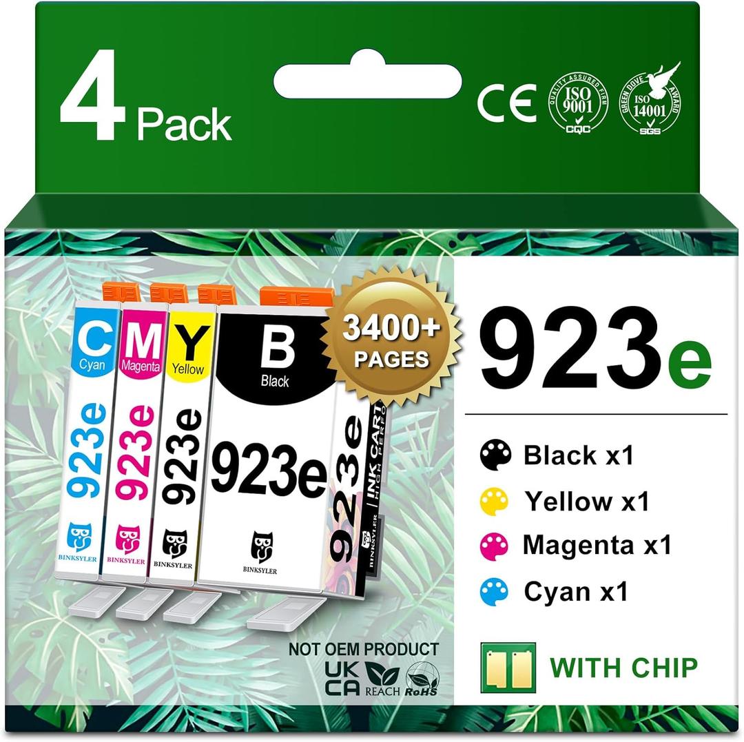 923XL 923e Ink Cartridges Combo Pack with chip, High Yield Replacement for HP 923 923e 923XL Ink Work for HP OfficeJet Pro 8135e 8138e 8139e 8122e 8120 8123 8130 8133 Printers (BK/C/M/Y) 4-Pack