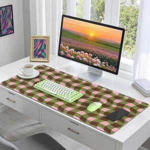 HAOCOO Checkered Desk Mat, Cute Leather Mouse Pad, 35.4" x 15.7" Keyboard Pad Office Accessories, Non-Slip Desktop Mat, Gingham Laptop Pad with Stitched Edge Desk Cover Mat(Green)