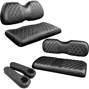 NOKINS 4PCS Golf Cart Front and Rear Diamond Seat Covers and Golf Cart Rear Armrest with Cup Holder Kit (Fits 1-inch Square Tube) for Yamaha/Club Car/EZGO (Black Stitching)