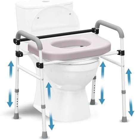 Toilet Seat Riser Adjustable Height Elevated Shower Commode Chair with Handles and Thick Soft Pad Heavy Duty 350lbs Bedside Commode Chair for Elderly Handicap Pregnant Easy to Assemble (Grey-white)