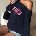 Women's Off Shoulder Tops Letter Graphic Tees Half Sleeve Baggy Summer T-Shirts (Blue, L)