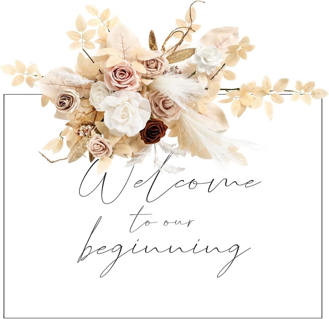 Ling's Moment Fall Wedding Floral Swag Welcome Sign Artificial Flowers Backdrop Garland White Beige for Ceremony Reception Door Wall Easel Home Decoration Entryway Faux Outdoor Board Head Table Decor