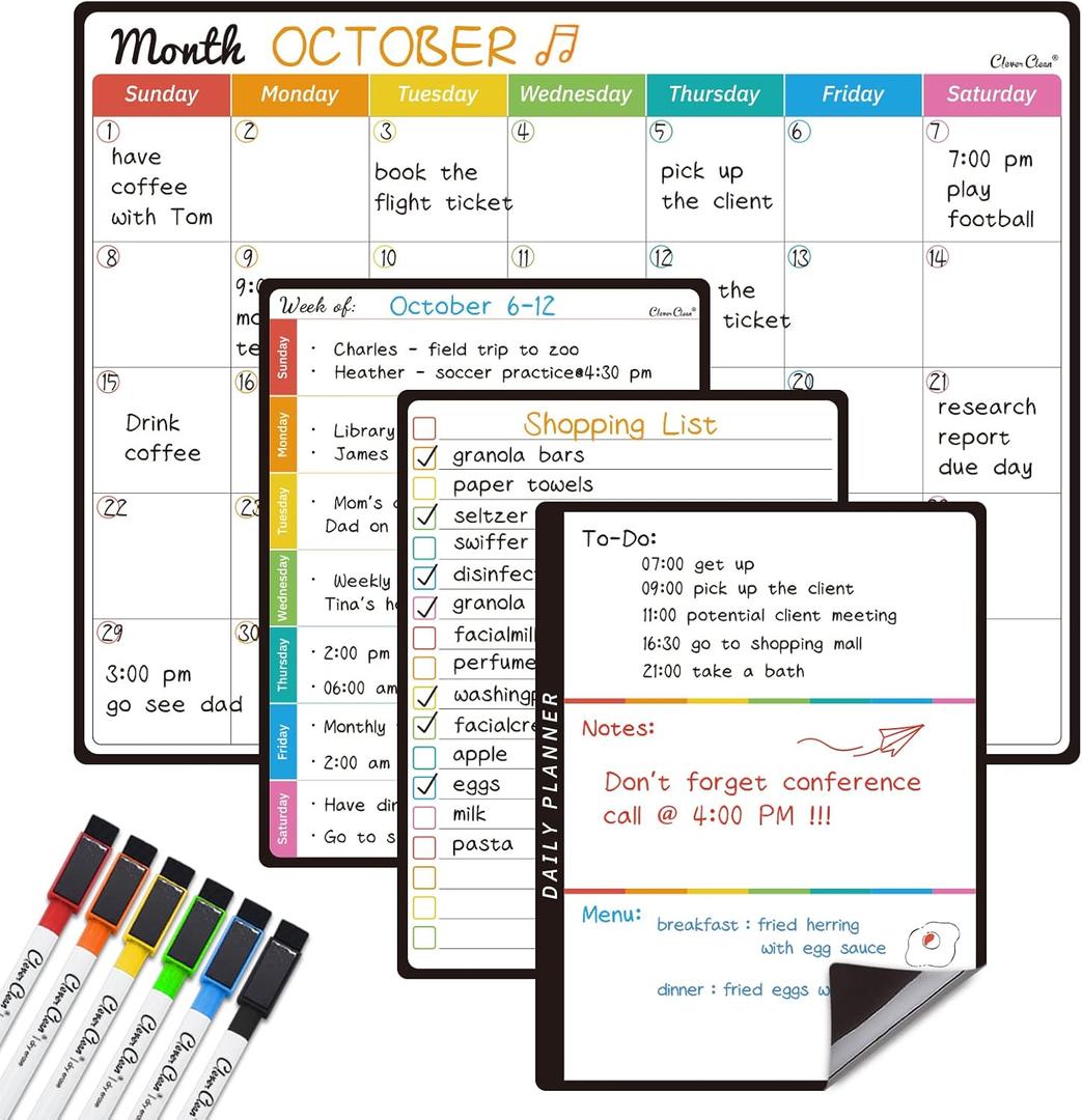 Magnetic Dry Erase Monthly Calendar Set - 14.5"x11" Monthly Calendar, 6.5"x8.5" Weekly, Daily, List Boards for Fridge - 6 Extra Fine Point Markers Included - Shipped Flat