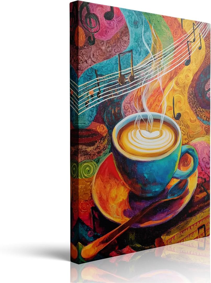 Colorful Latte Art Musical Staff Canvas Wall Art Dining Room Wall Decor Prints Classic Posters Contemporary Painting Framed Artwork For Restaurant Home Kitchen Living Room Office Decor 16x24 Inches