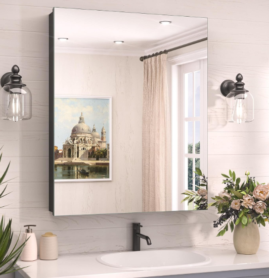 24 x 32 Medicine Cabinet Mirror, Moisture-Proof Aluminum Bathroom Medicine Cabinet with Mirror, Bathroom Mirror Cabinet with Adjustable Shelves, DTC Hinges, Recessed/Surface-Mounted