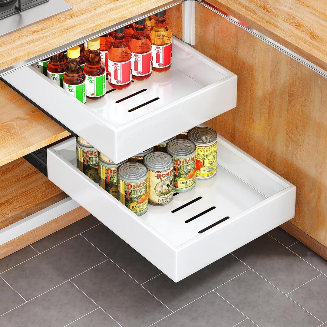 Pull out Cabinet Organizer, 21"Deep, 11.8"Wide Full-Extension Heavy Duty Slide out Drawers with Nano Adhesive, Roll Out Shelves Sliding Cabinet for Kitchen, Bathroom, Pantry, Under Sink Storage (White)