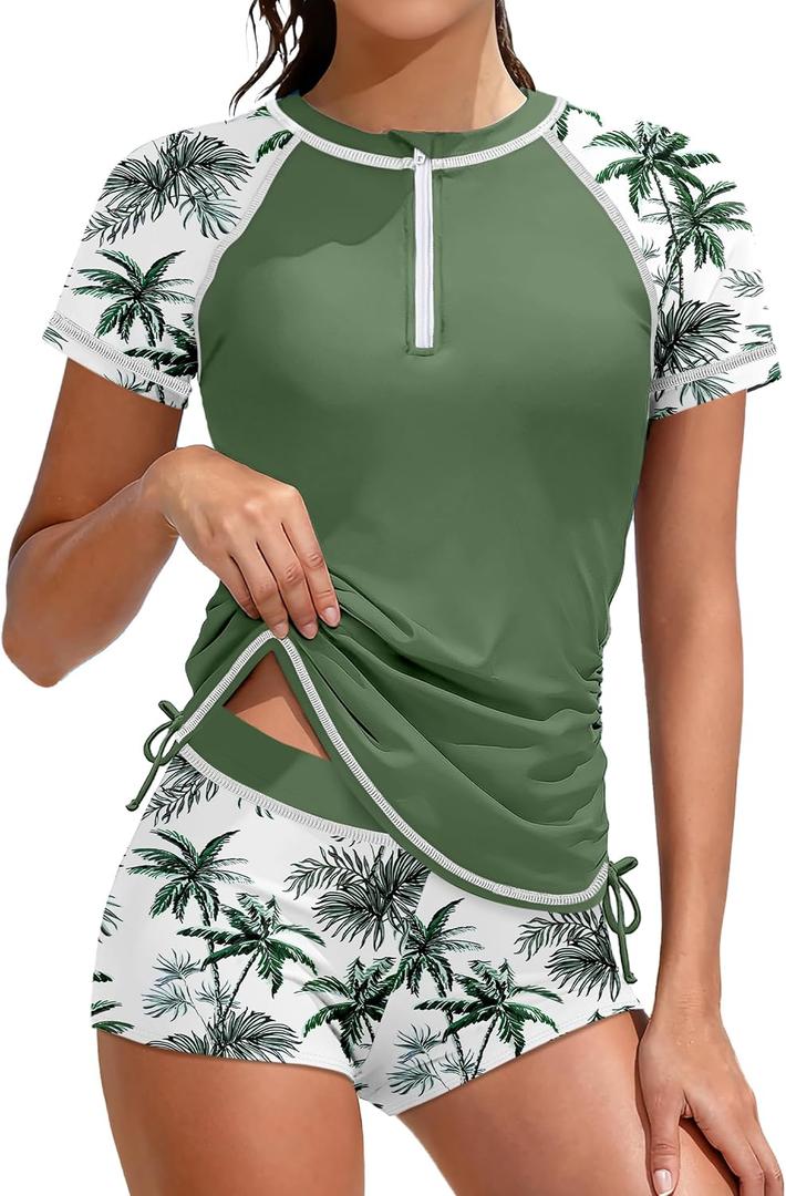 Girls Swimsuit Size 8 Rash Guard Swimsuit 2 Piece Girls Bathing Suits Size 8-10 Short Sleeve Color Block Girl Size 8 Swimsuits UPF 50+ Sun Protection Padded Zip Swimwear with Shorts