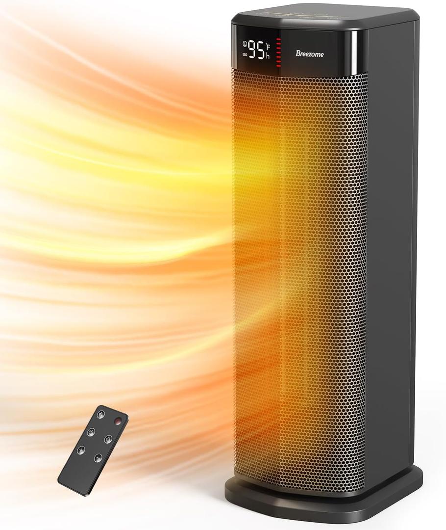 BREEZOME Space Heater for Indoor Use, 1500W Fast Heating PTC Ceramic Electric Heaters with Thermostat, 90Oscillating, 24H Timer, Ideal for Home Office Bedroom