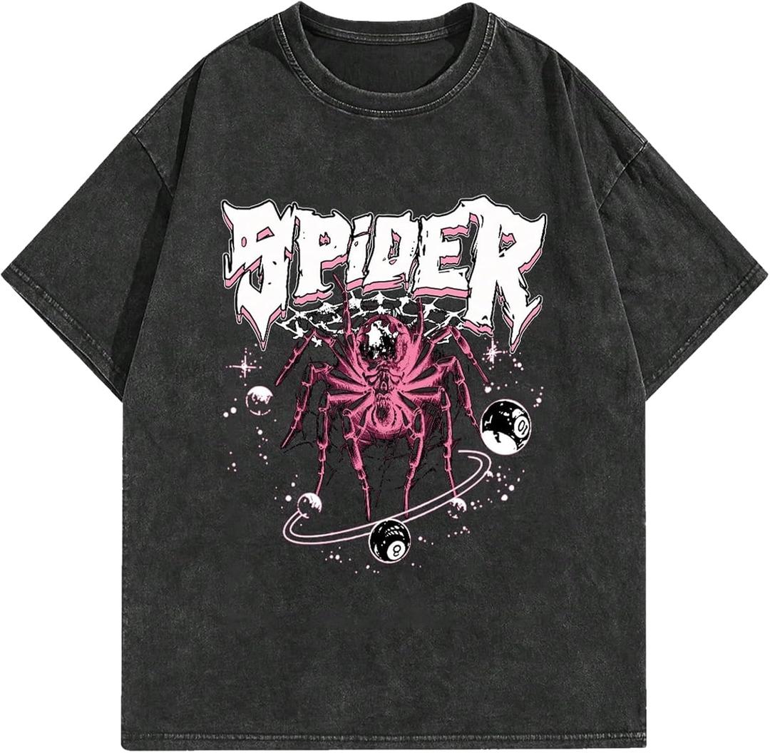 Graphic Tees Streetwear Tshirts Vintage Unisex Cotton Acid Washed Oversized T-Shirts Summer Clothes Tops for Men (Large, Black)