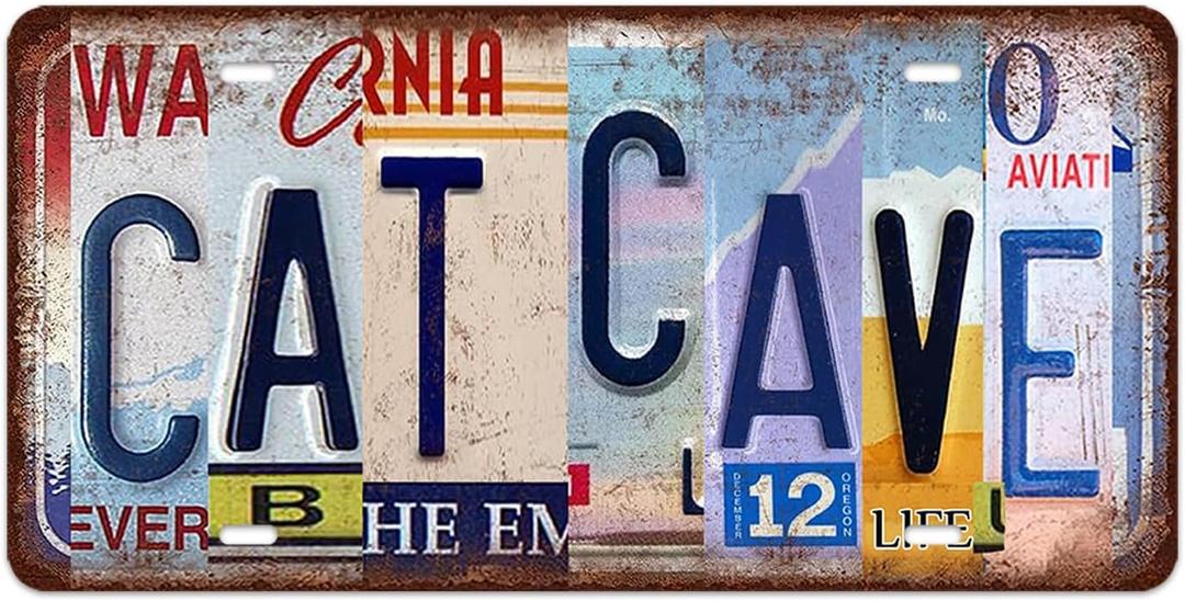 Cat Cave Metal Tin Sign Wall Decor Vintage Cat Cave License Plate Room Accessories Funny Cats Signs Bathroom Decor Street Sign Gifts for Home House 12x6 Inch (b04)