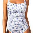 One Piece Bathing Suit for Women Tummy Control Vintage Swimsuit | Square Neck, Supportive Unremovable Cups, Ruched Design, Adjustable Straps, Full Coverage (Blue, S)