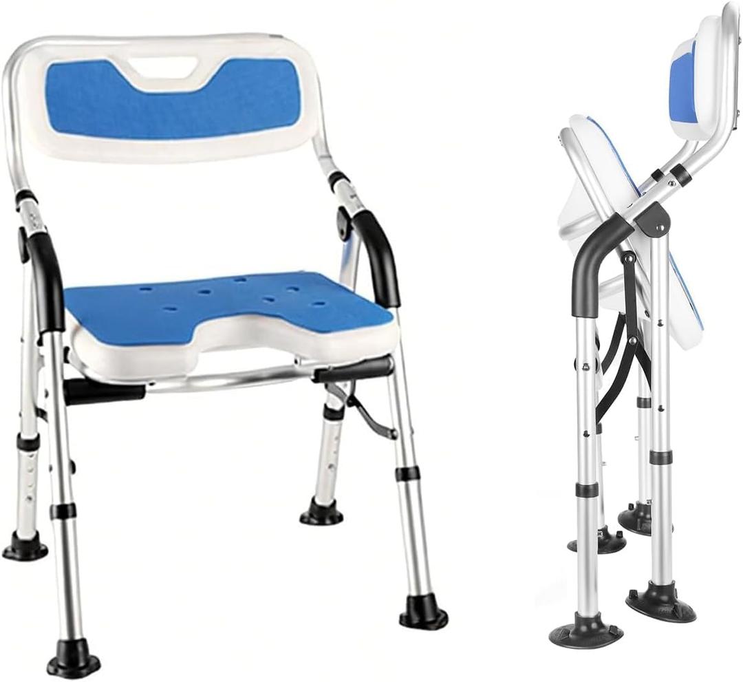 DEWEL Foldable Shower Chair for Elderly and Disabled, Folding Shower Seat with Armrests and Back Height Adjustable, Aluminum Alloy Bath Seat for Inside Shower, 330lbs Capacity (Blue)