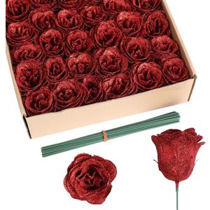 Artificial Roses, 30PCS Red Glitter Silk Roses for Wedding Bouquet, Party, Christmas, Home Decor