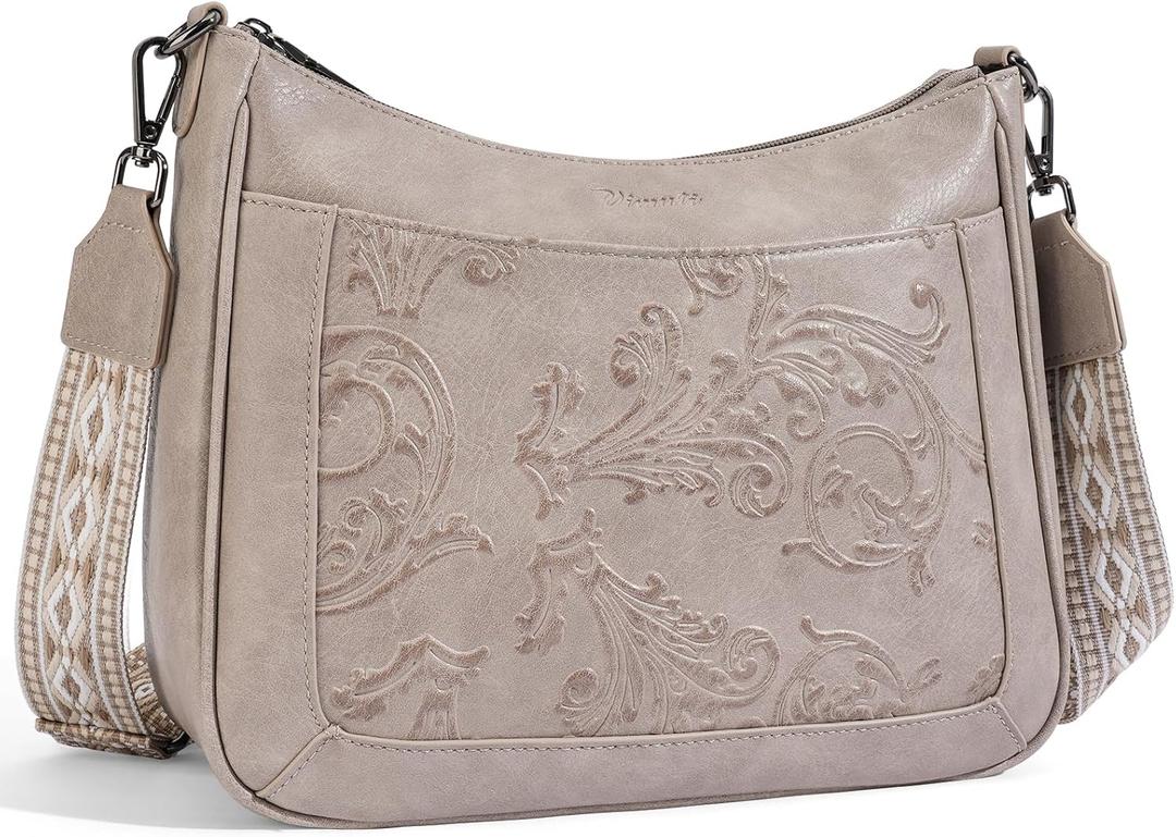 Crossbody Bags for Women,Vegan Leather Crossbody Purse with Adjustable Strap Embossed Flower Women's Shoulder Handbags | Medium, Trendy, Multi Pocket, Hobo Purse, Wide Guitar Strap, Lightweight (06-gray)