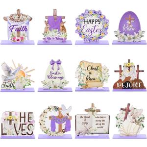 12 Pcs Easter Table Decorations He is Risen Table Centerpiece Religious Easter Decorations Christian Cross Wooden Sign Christian Vintage Style Easter Ornaments for Home Office Church First Communion