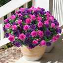 Artificial Faux Outdoor Flowers Plants for Spring Summer Decoration, Fake Silk Camellia UV Resistant Look Real for Planter Outside Front Door Porch Patio Balcony, 3 Large Bundles (Purple+Fuchsia)
