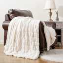BATTILO HOME Cream Faux Fur Throw Blanket, Double Side Ruched Rabbit Fur Blanket for Couch, Bed, Super Soft Cozy Fuzzy Mink Blanket, 50"x60"(Ivory)
