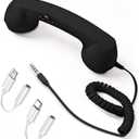 Retro Phone Handset for Cell Phone, 3.5mm Jack with USB-C & Lightning Adapters, Vintage Telephone Receiver, Plug and Play for Calls, Meetings & Video Conferences (Black)