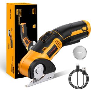 Cordless Electric Scissors Rotary Cutter with 2 Blades | 4V 2000mAh Rechargeable | Heavy Duty for Cardboard Fabric Carpet Leather | Lightweight Portable (Yellow)