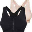 Fapreit Women's Zip Front Closure Sports Bra - Seamless Wirefree Post Surgery Padded Racerback Workout Gym Yoga Bras (4X-Large, Black+beige)