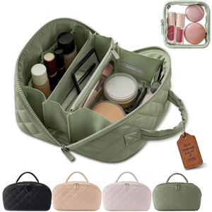 Lay Flat Makeup Bag Make Up Travel That Opens Cosmetic Puffer Set of 3 Washable Bags for Woman and Go Large Case Women Green Makeip My Parallel Bah Maleup Nag Storage Toiletry Pouch (green)