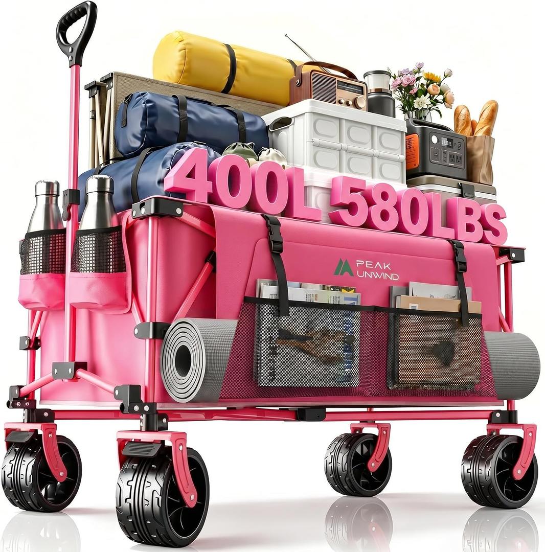 400L Folding Wagon Cart with Brakes & Removable Table, 580lbs Heavy Duty Collapsible Wagon, Big All-Terrain Wheels for Camping, Sports, Grocery, Outdoor - Pink