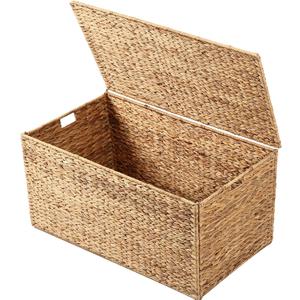 Water Hyacinth Wicker Storage Trunk with Metal Frame 36x20x18.5Inch Large Rattan Basket Decorative Blanket Chest Heavy Duty Storage Chest with Lid for Blankets Extra Bedding Seasonal Clothes, Natural