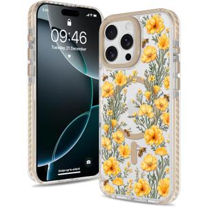 Magnetic for iPhone 16 Pro Case [Compatible with MagSafe] Clear Floral Flower Bee Pattern Design, Slim Shockproof Protective Phone Cover for Women Girls